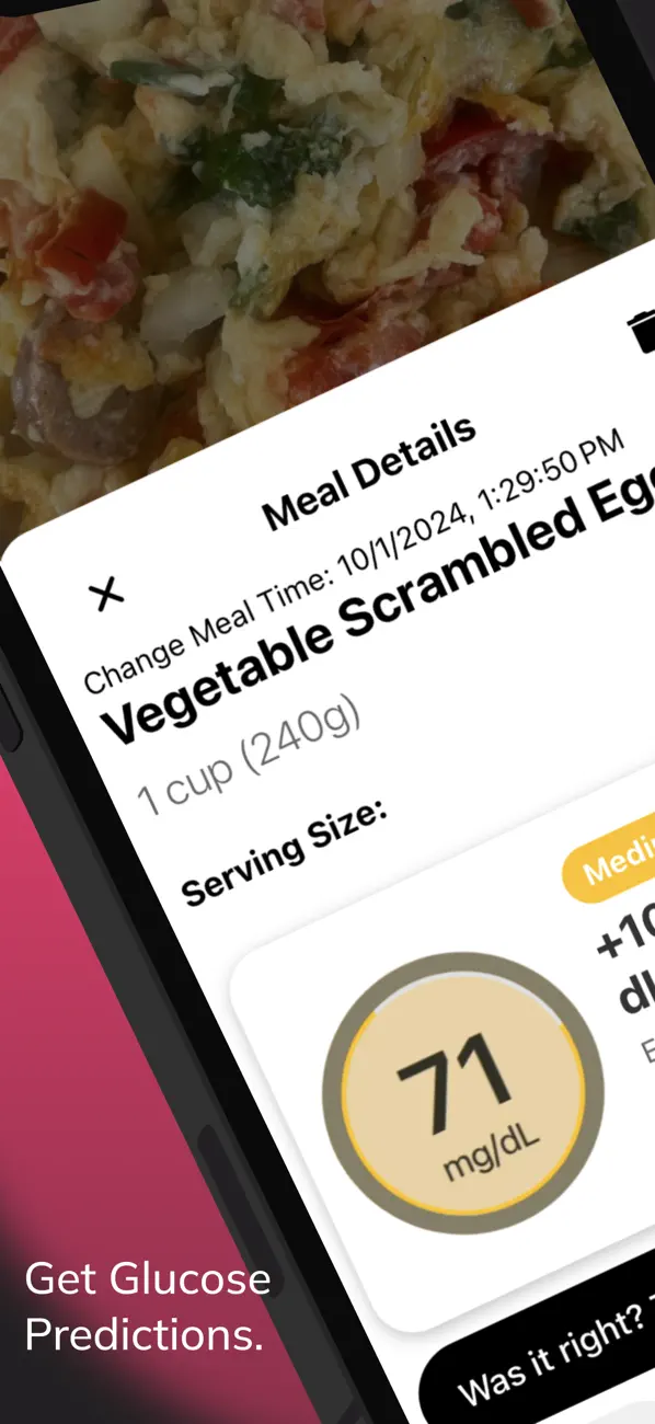 Meal Details screen showing Vegetable Scrambled Eggs with predicted +10 mg/dL glucose
