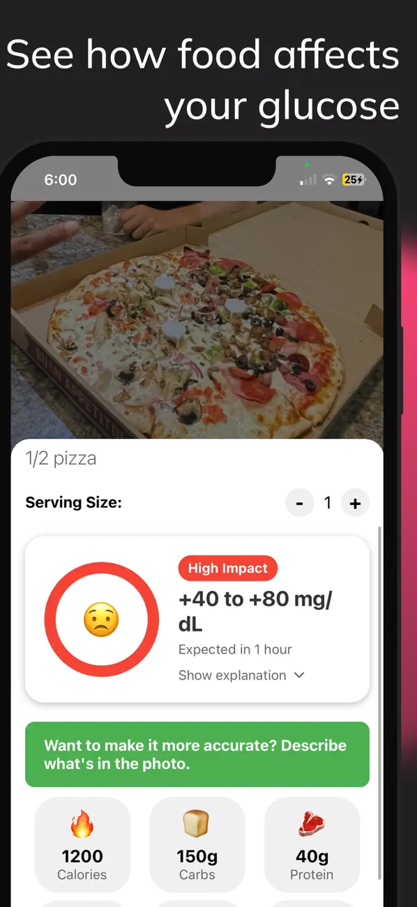 Gluco AI showing a high glucose impact prediction for pizza